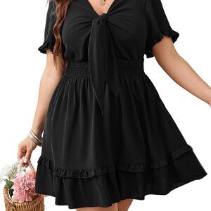 Plus Size Mini Dress V Neck Tie Front Boho Ruffle Summer Cocktail Wedding
